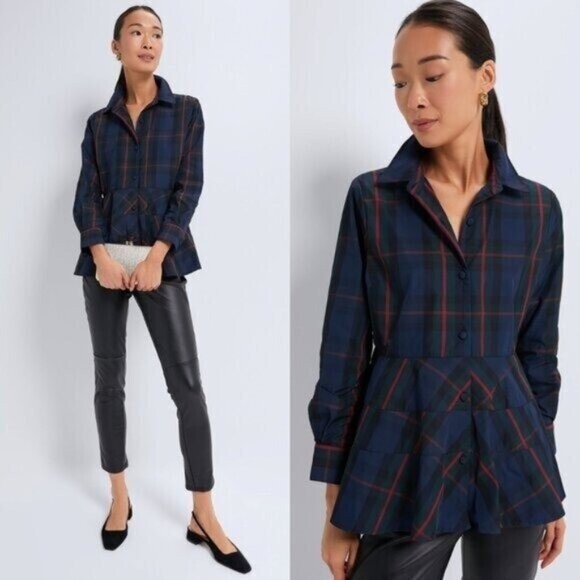 Pomander Place NEW Fraser Navy Plaid Ashlen Long Sleeve Blouse Top Size XL